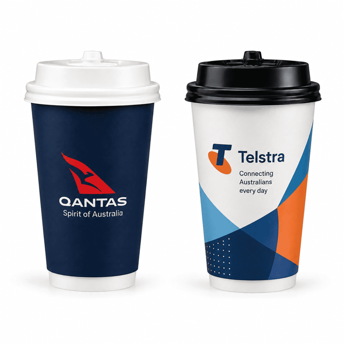 A double-walled paper cup set featuring a navy blue cup with a logo and a black lid, and a white cup with an abstract design.