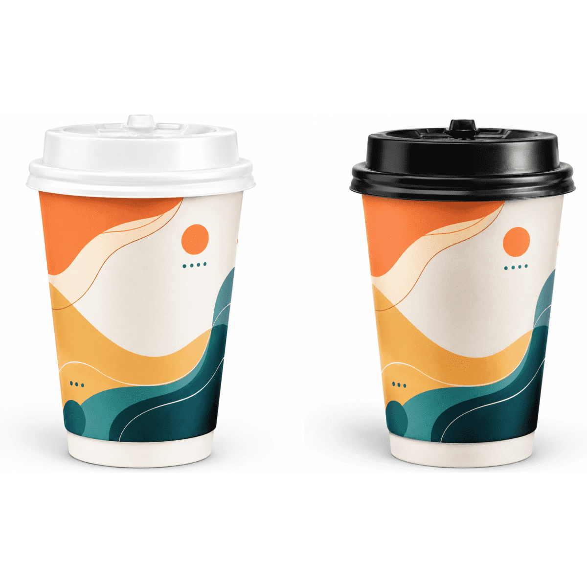 Double walled paper cups in white and black, featuring a modern abstract design in orange, teal, and cream.