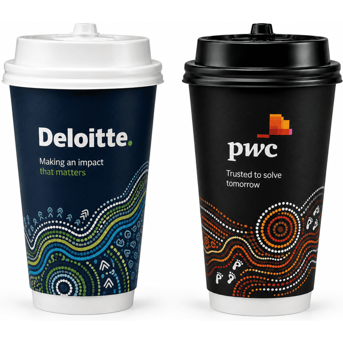 A double-walled paper cup set, featuring dark blue and black designs with logos and Aboriginal-inspired patterns.
