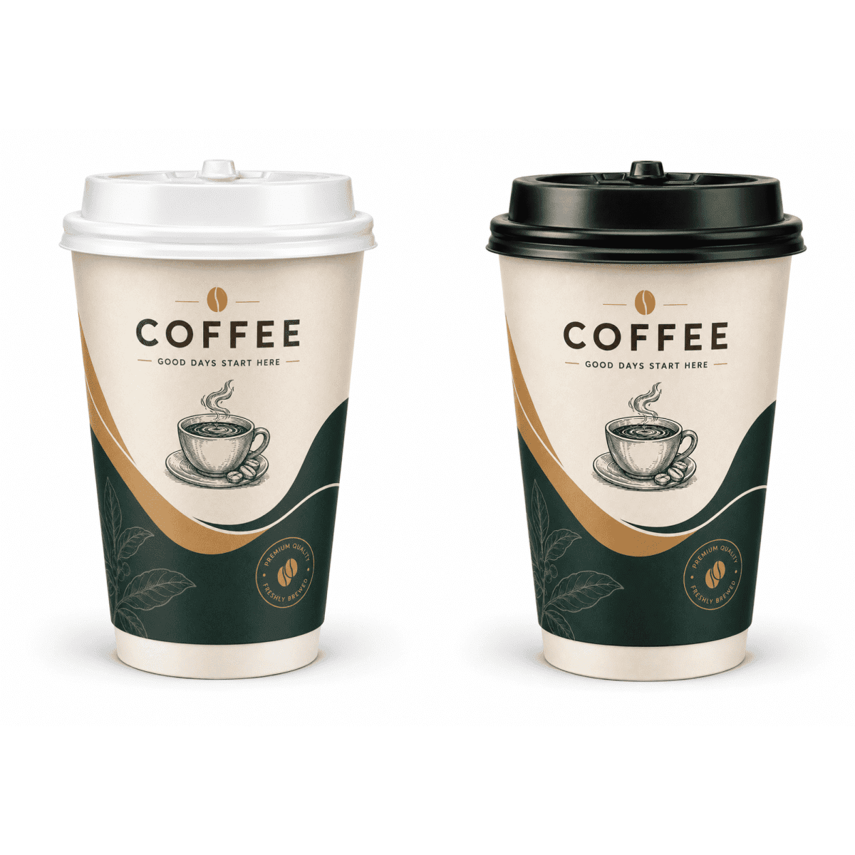 Two double-walled paper cups, one with a white lid and the other with a black lid, featuring a coffee design.