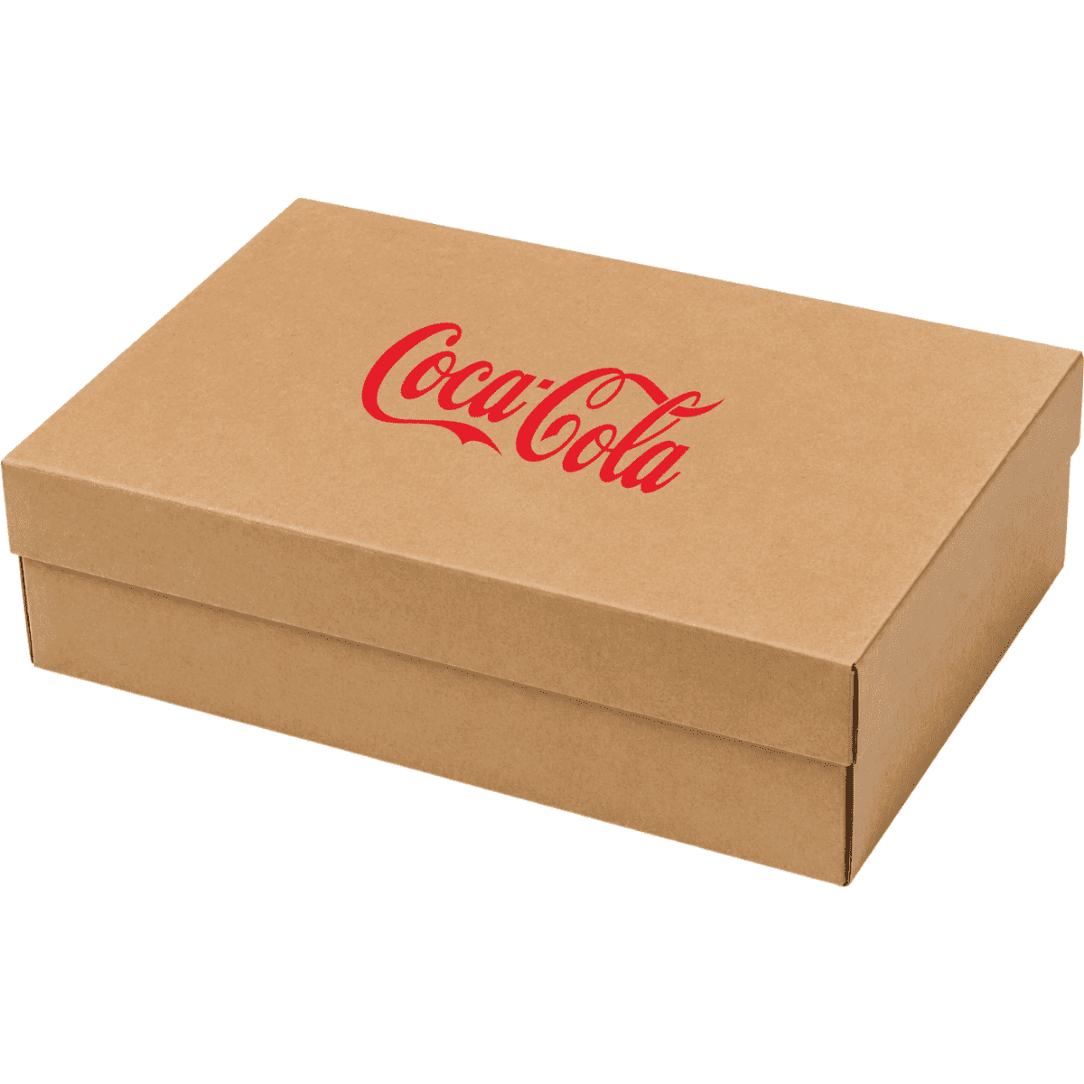 A small natural cardboard gift box in a light brown colour, featuring a Coca-Cola logo.