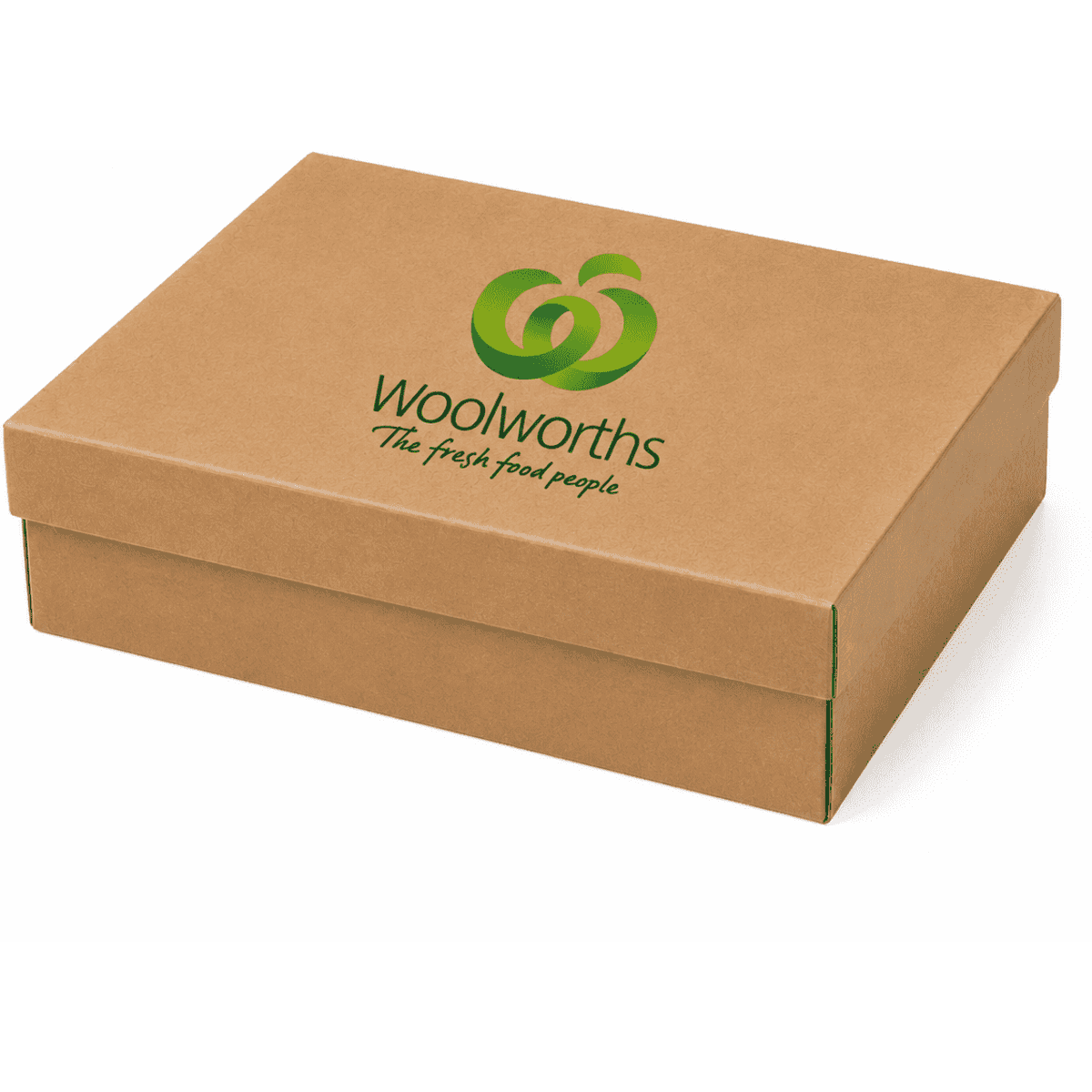 A natural cardboard gift box in a medium size with a logo on the front.