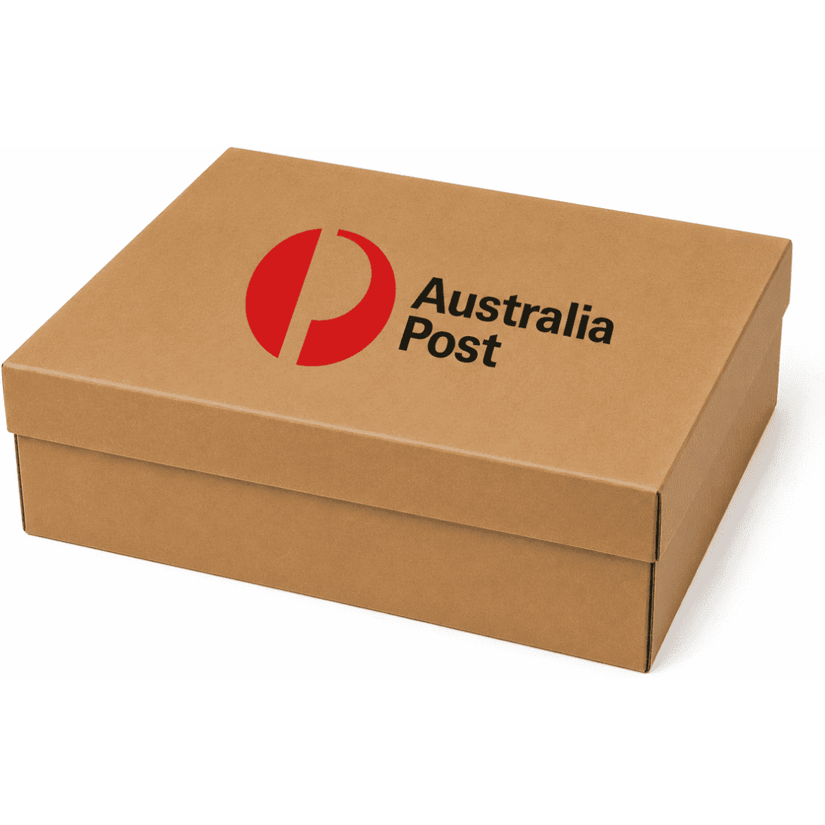 A large natural cardboard gift box with a lid and a logo on the front.