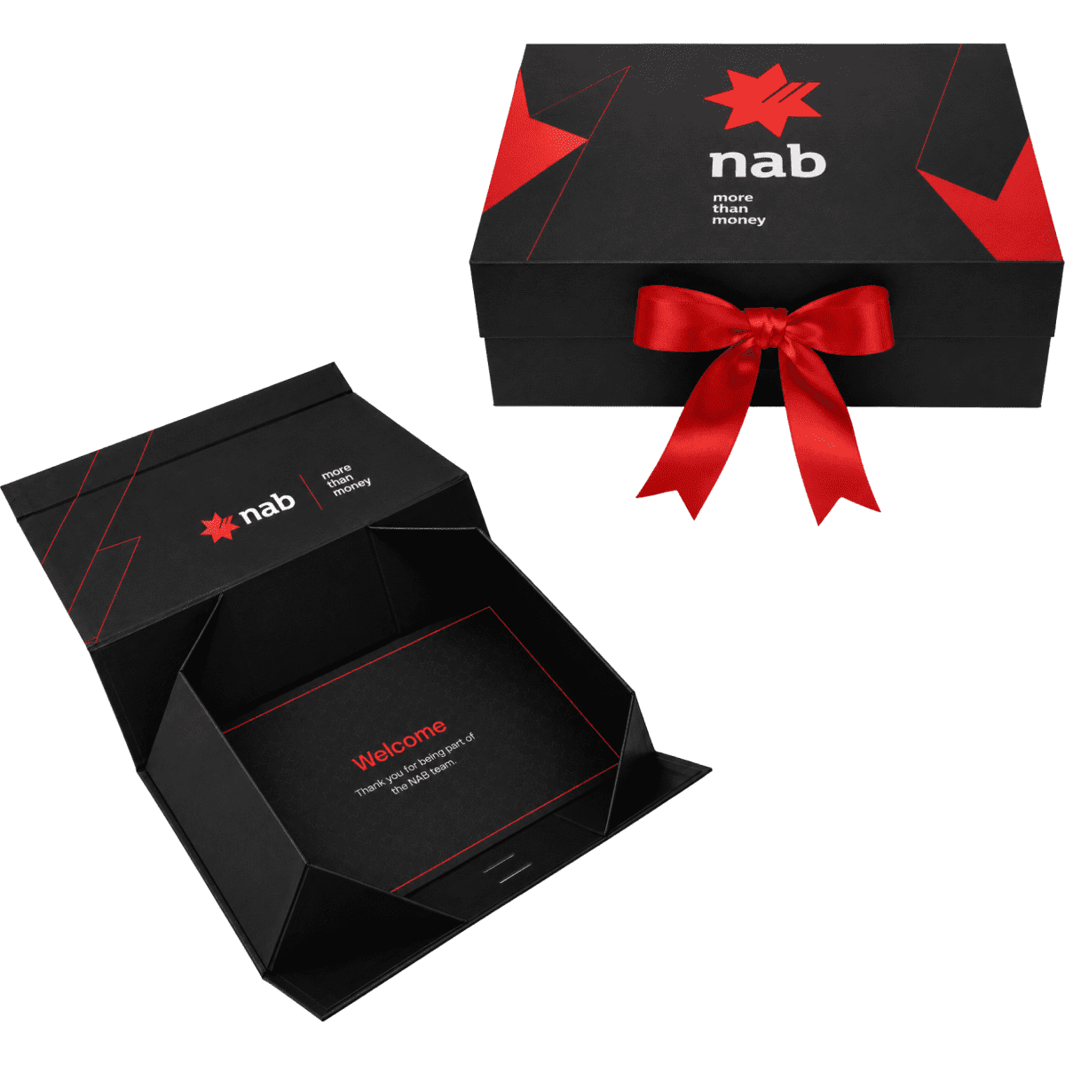 A small black gift box with a red ribbon, featuring a logo and a welcome message inside.