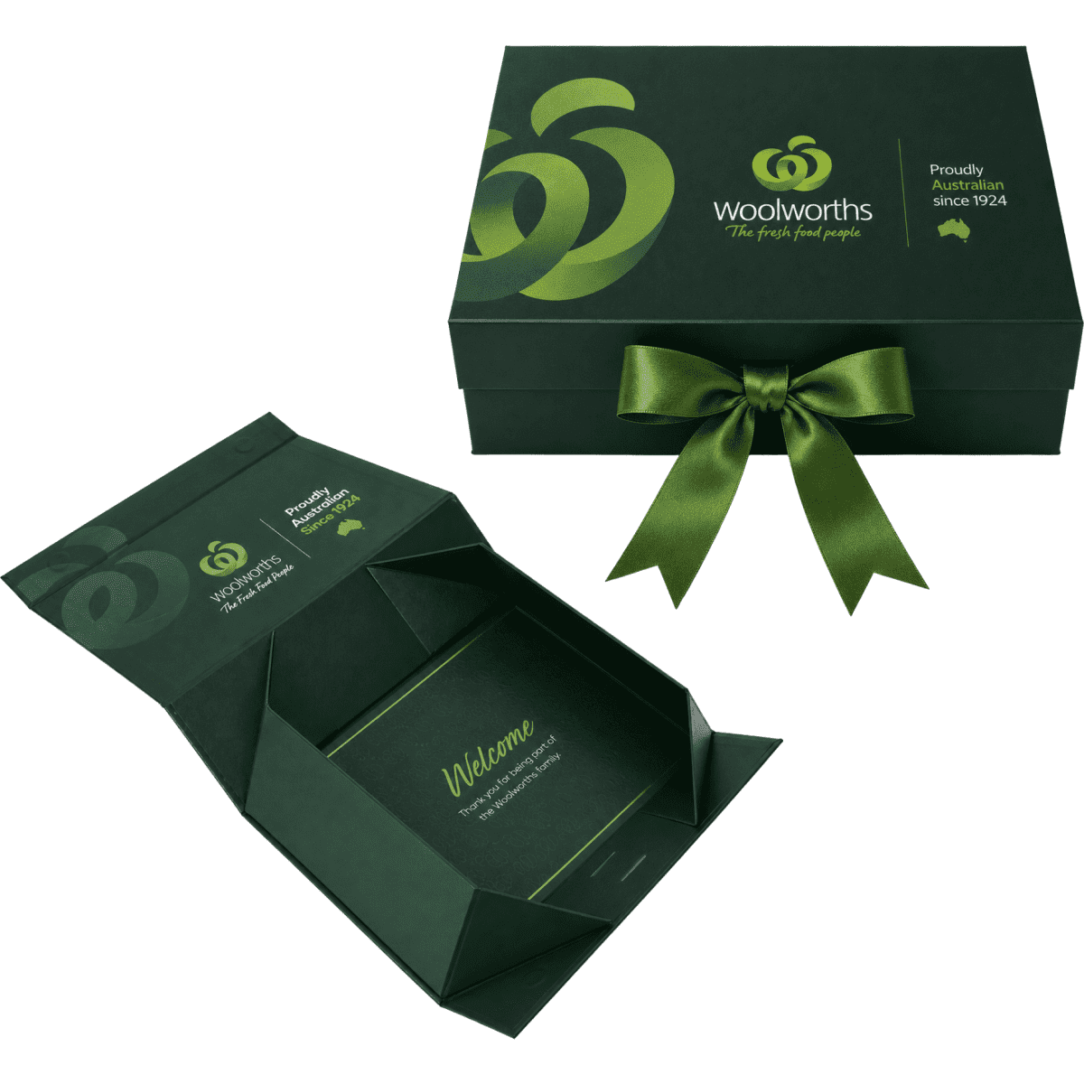 A medium, full-colour magnetic gift box in dark green with a matching ribbon and a branding logo.