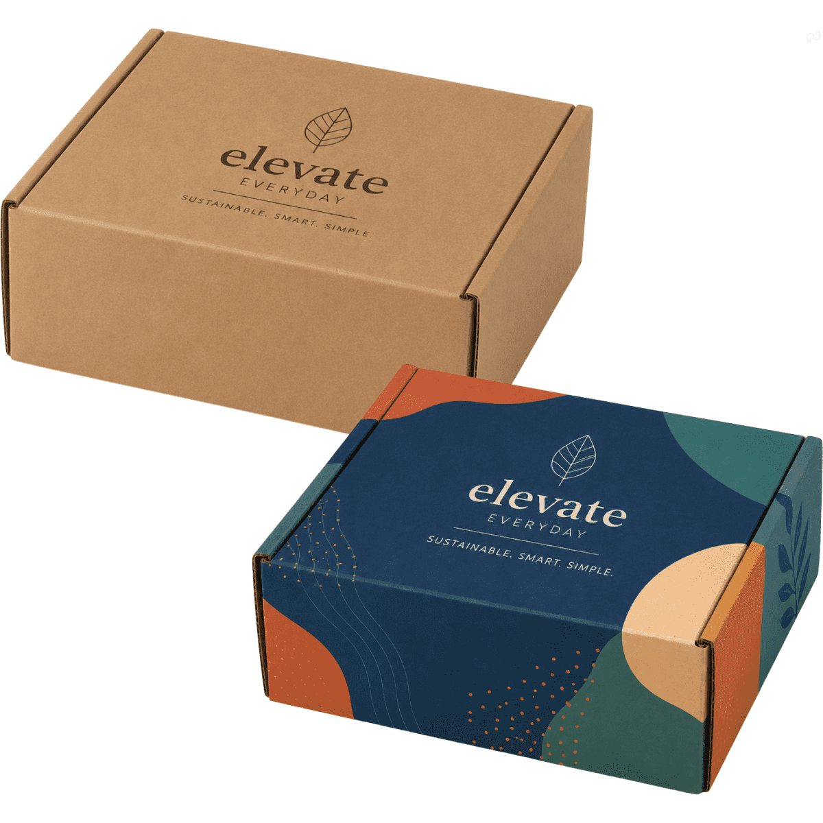 Two cardboard die-cut packaging boxes in brown and navy blue, featuring abstract designs and a logo.