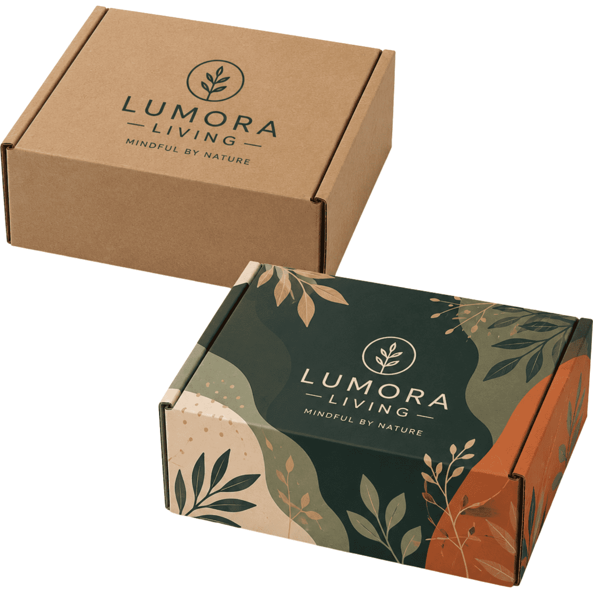 Two die-cut packaging boxes in natural brown and a colourful floral design, both featuring a logo.