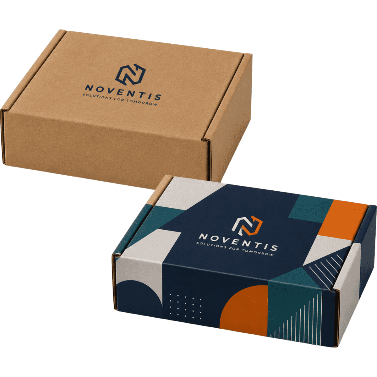 Two die-cut packaging boxes in brown and patterned designs, featuring a logo on one side.