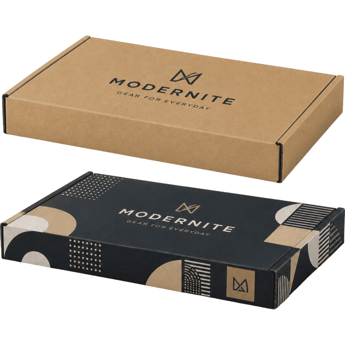 A die-cut packaging box in brown and black, featuring a logo, with dimensions 23×16.5×2.2 cm.