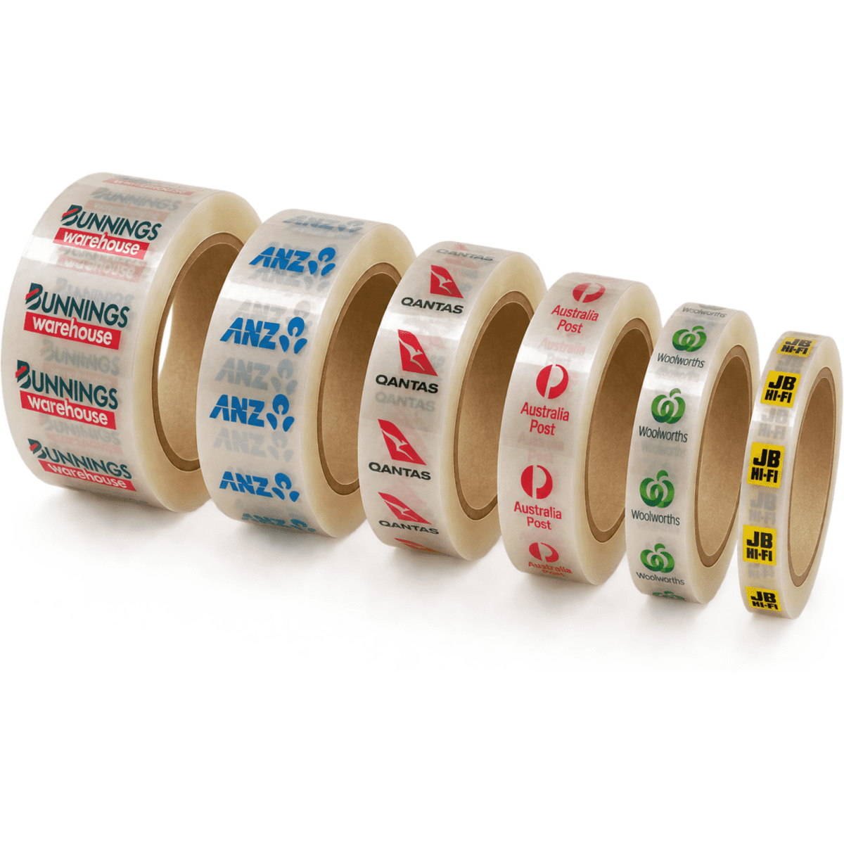 A series of transparent packaging tape rolls in various widths, featuring different logos and branding on a white background.