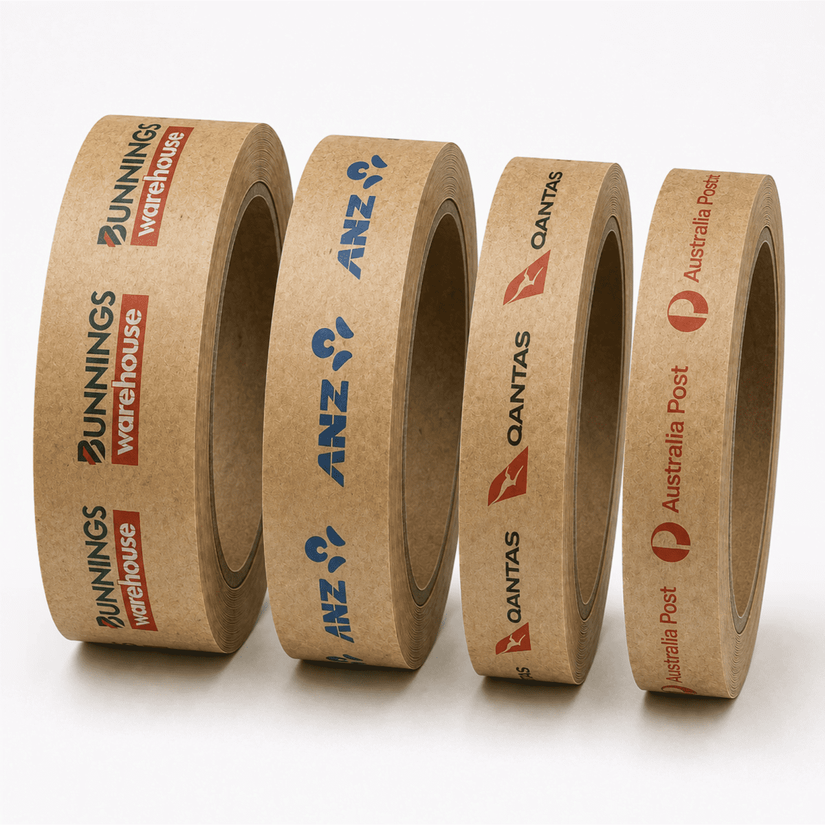 Four rolls of kraft paper packaging tape in brown, featuring various logos in red and blue.