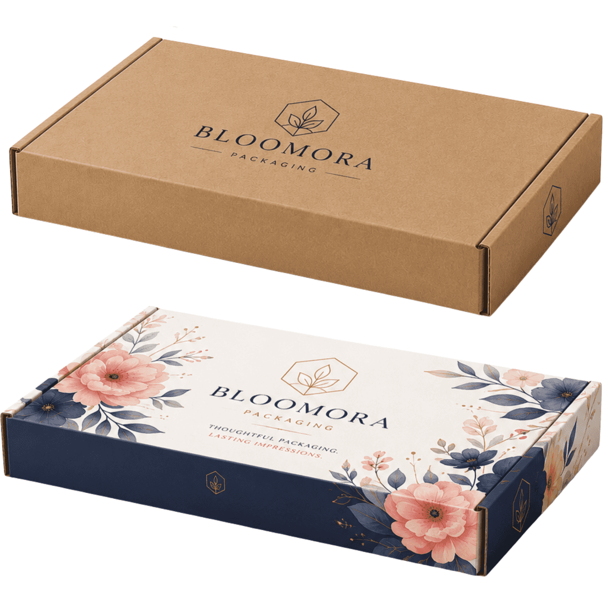 A die-cut packaging box with a floral design, featuring both a brown and a decorated exterior, includes a branding logo.