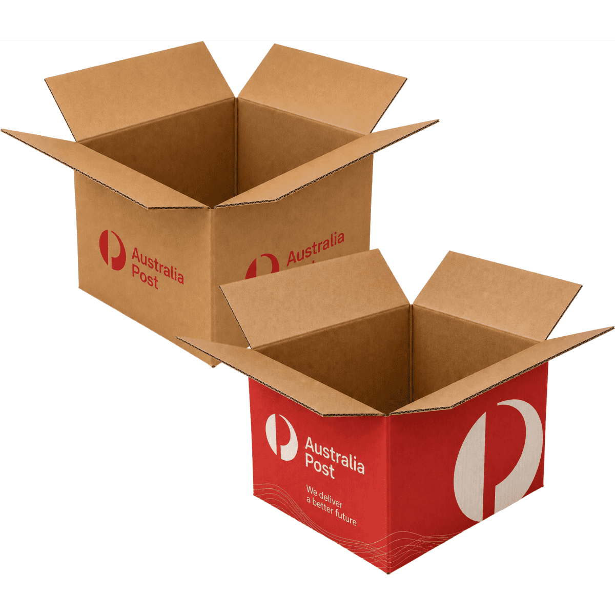 A brown and red carton box with open flaps, featuring a logo on one side. Measures 40 × 30 × 25 cm.