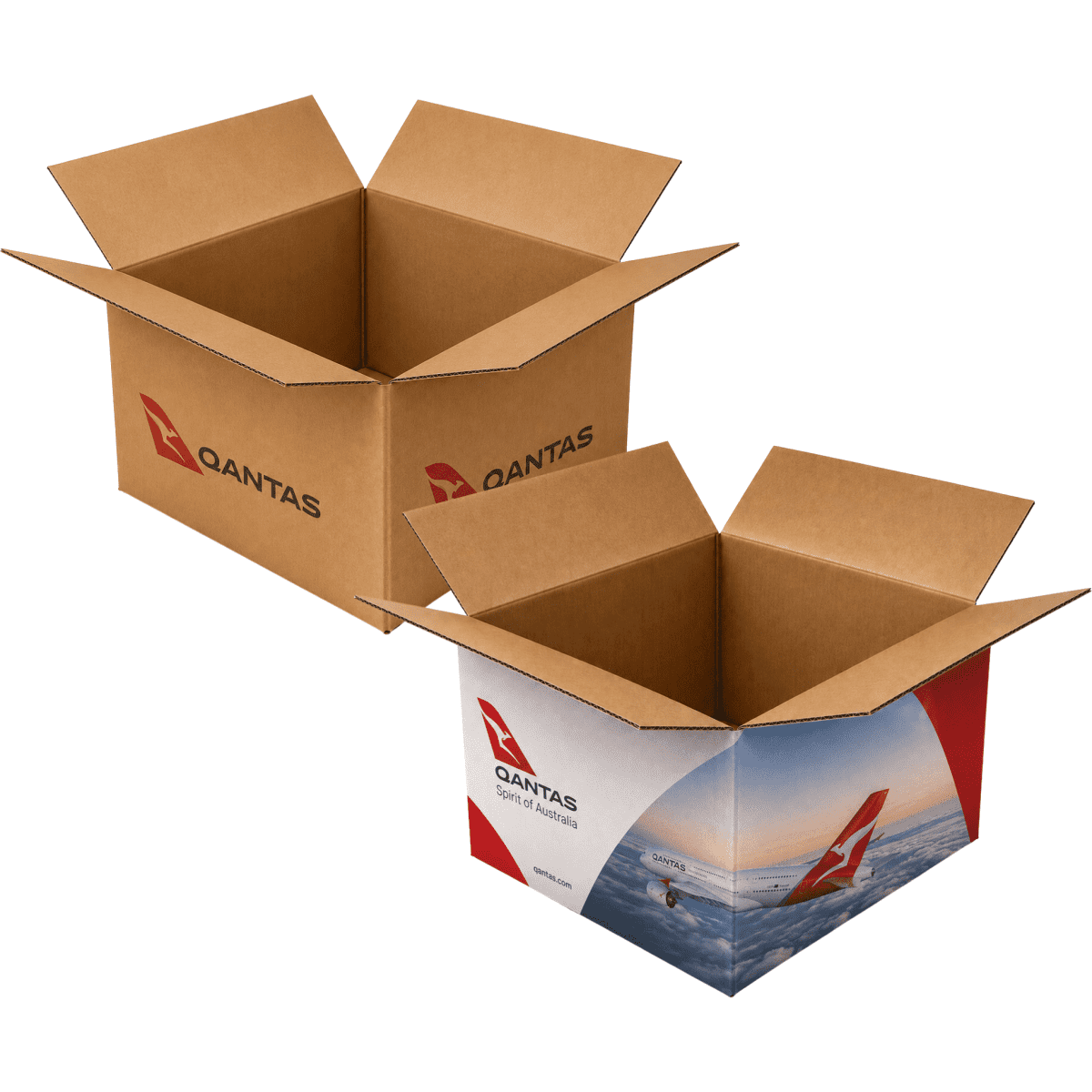Two medium carton boxes in brown and a stylised design, featuring a logo, both with open flaps.