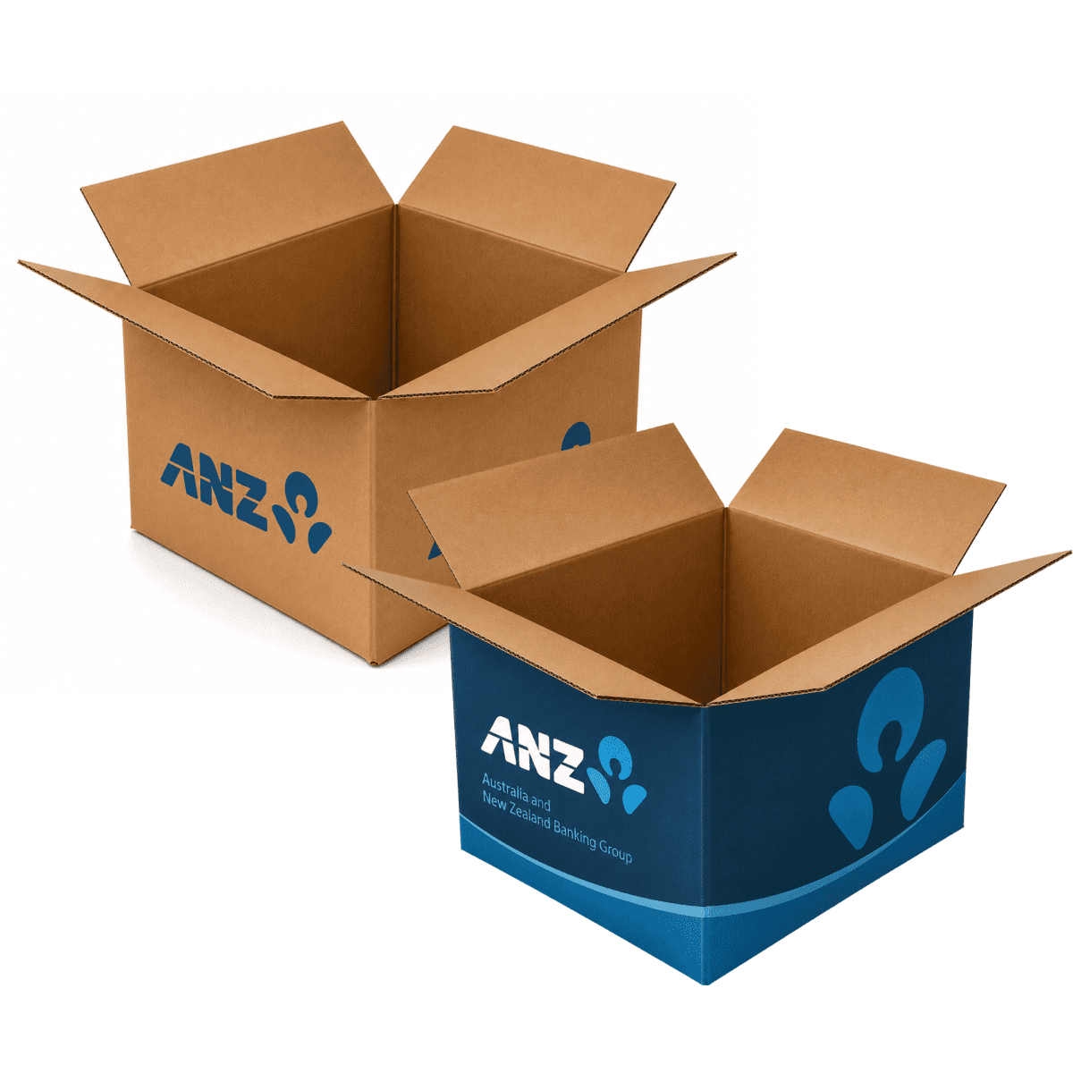 Two large brown carton boxes, one with a blue logo, both featuring open flaps.