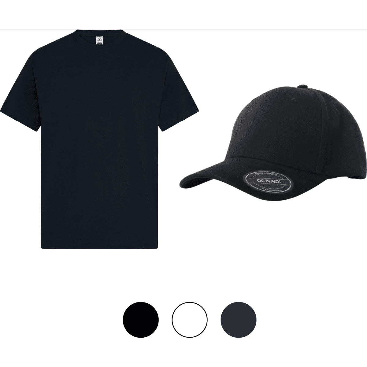 A black T-shirt and cap combo, featuring a plain design and a logo on the cap. Available in three colours.