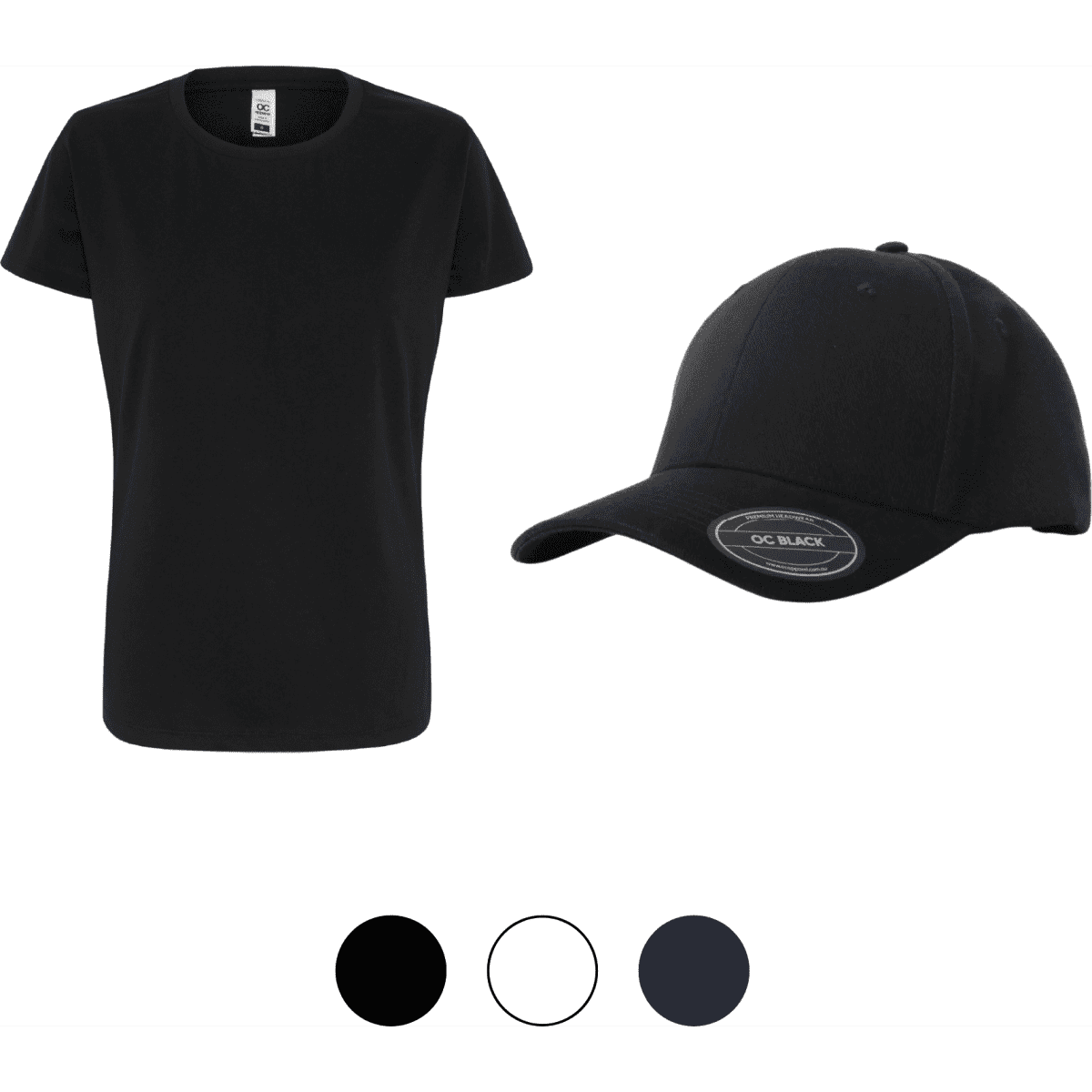 A black women's essential t-shirt paired with a matching black cap, featuring a logo.