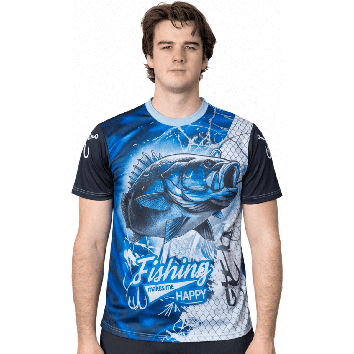A men's polyester sublimated fishing tee featuring a vibrant fish design in blue and black colours, with branding.