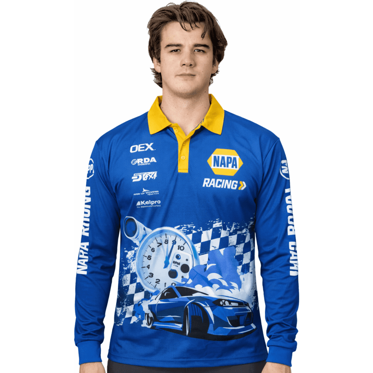A blue long-sleeve polyester fishing polo with yellow collar and a racing-themed design featuring a logo and graphics.
