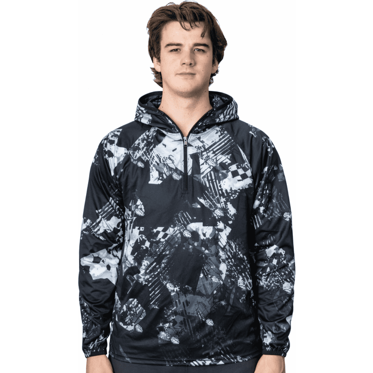 A men's 1/4 zip fishing hoodie in black with a grey abstract pattern, featuring a hood and a logo.