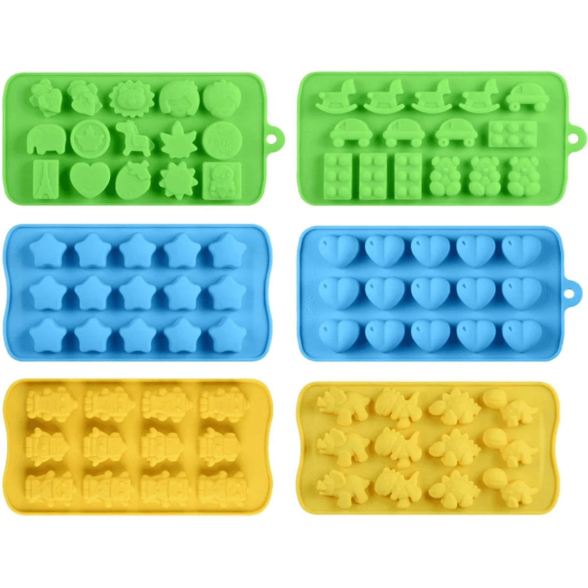 Silicone ice trays in green, blue, and yellow featuring various fun shapes like stars, cars, and hearts.