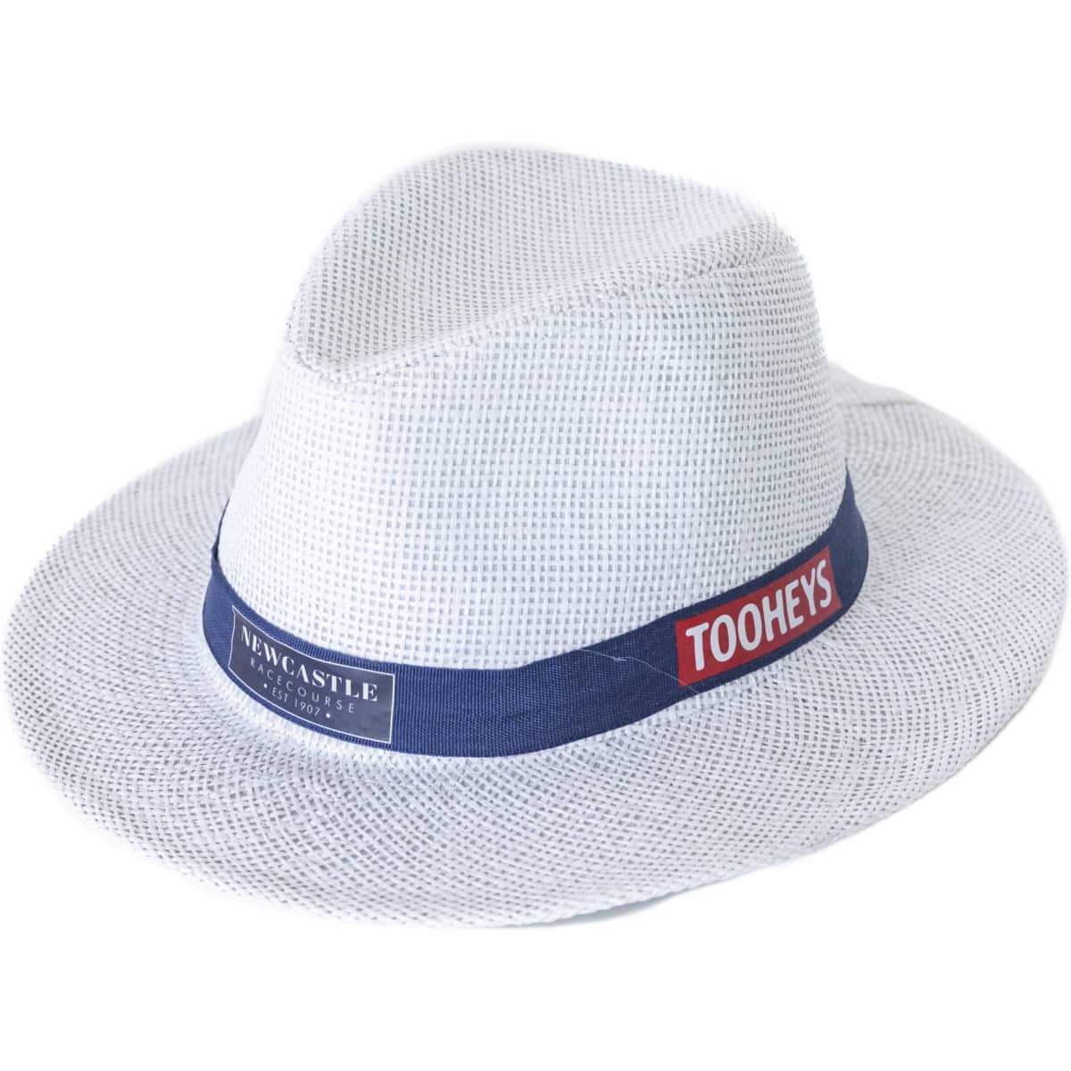 A white straw hat with a blue band featuring a logo. The hat has a breathable mesh design.