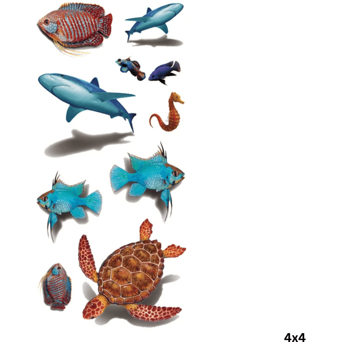A variety of colourful waterproof temporary tattoos featuring fish, a turtle, a seahorse, and sharks. Includes a logo.