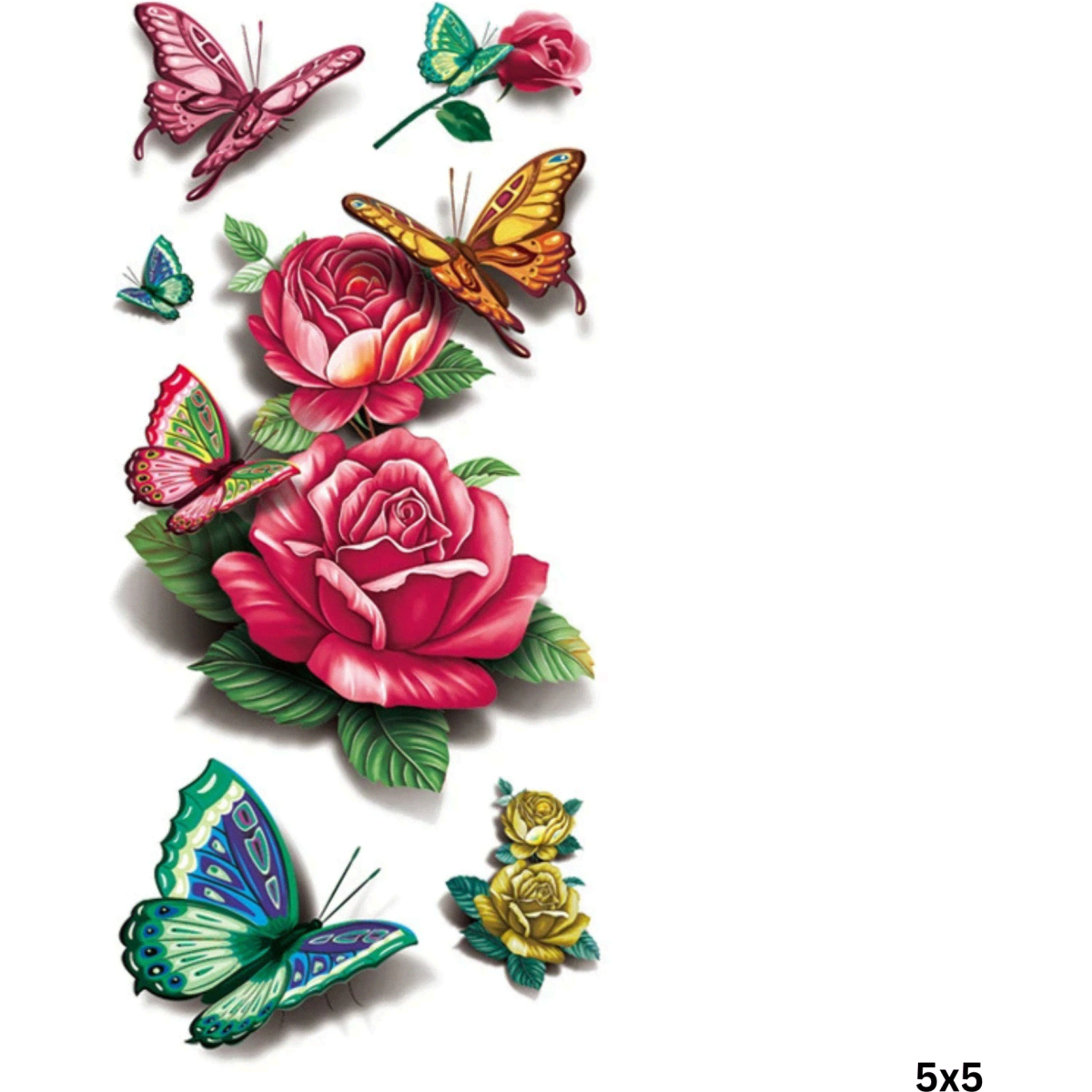 A collection of colourful, floral and butterfly designs, featuring pink roses and turquoise butterflies, with a brand logo.