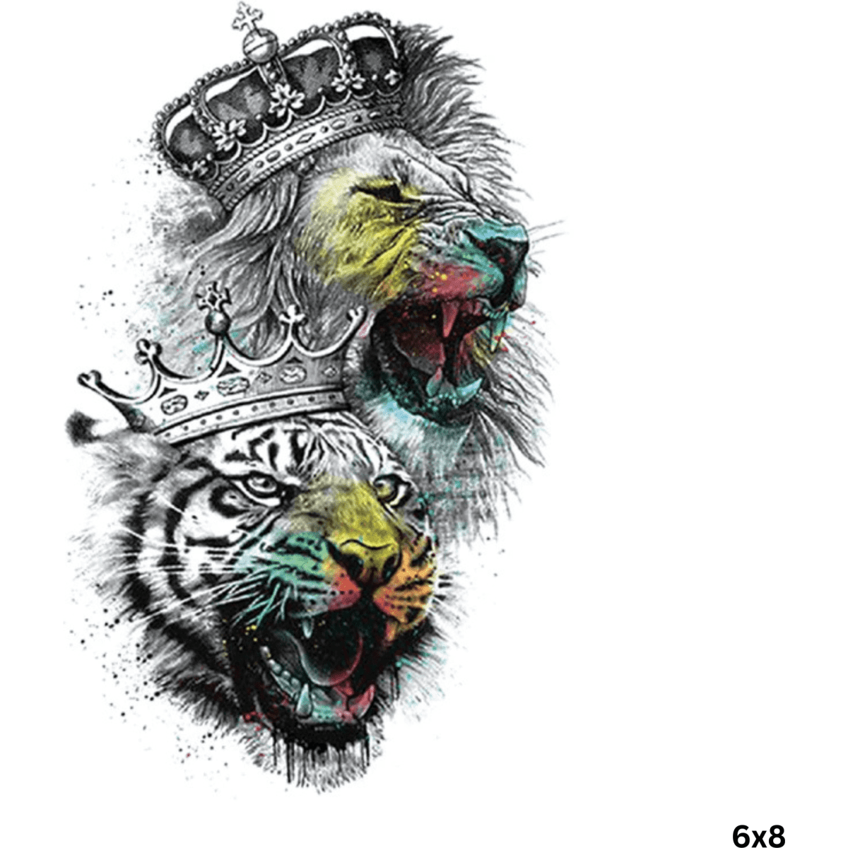 A waterproof temporary tattoo featuring a lion and tiger with crowns, illustrated in vibrant colours.