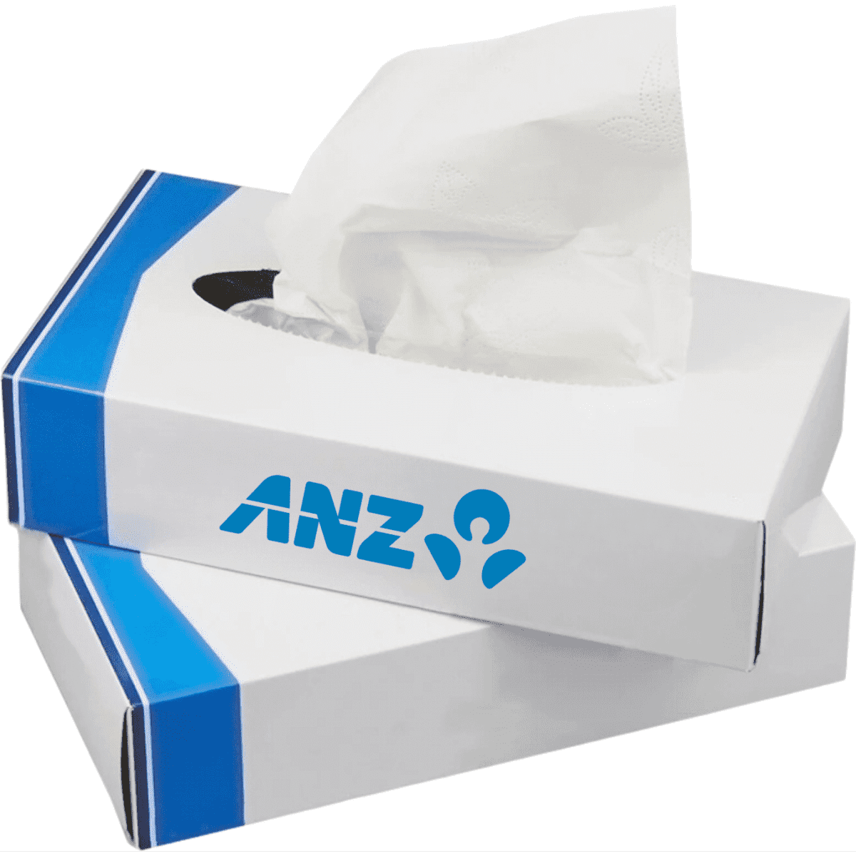 A rectangular tissue box in white and blue, with tissues partially pulled out, featuring a logo on the side.