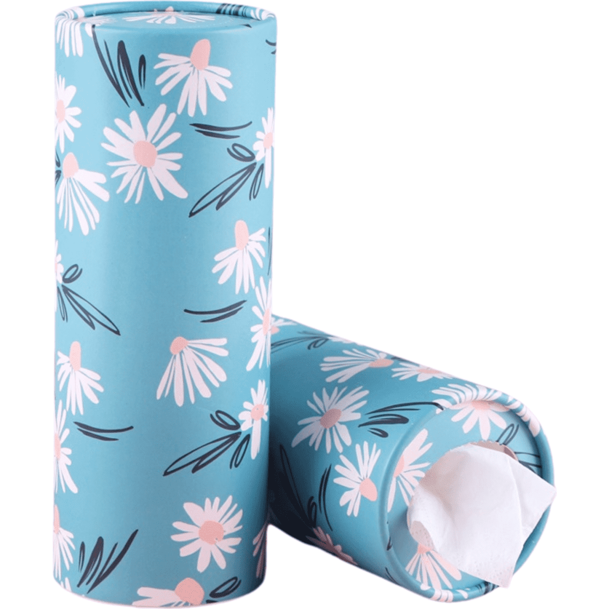A turquoise car cup tissue holder with a floral design featuring pink daisies. It has a round shape and a logo.