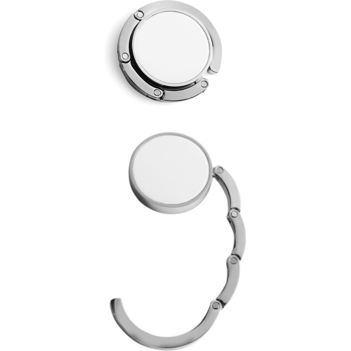 A silver bag hanger with a circular design, featuring a logo and a hinge for easy attachment.