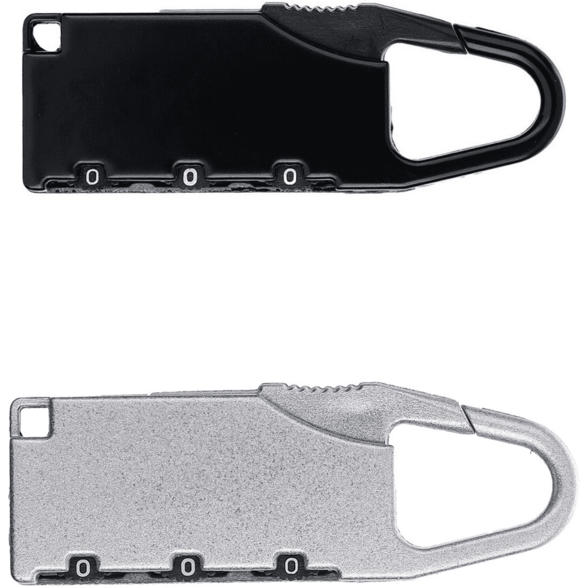 A black and silver travel padlock with a carabiner-style clip, featuring multiple locking mechanisms.