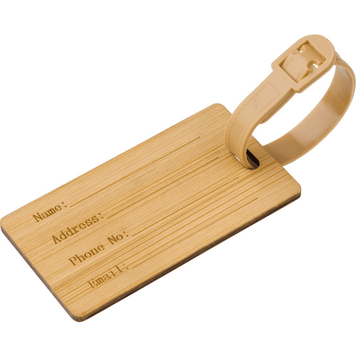 A bamboo luggage tag in natural tones with a beige strap and space for personal information.