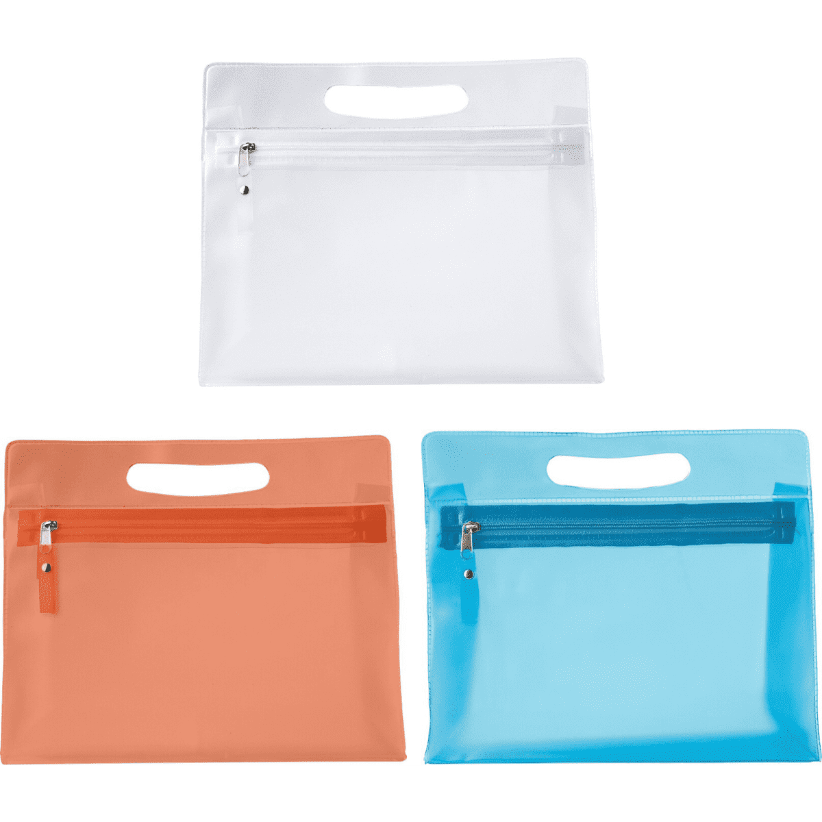 Three PVC cosmetic bags in orange, blue, and clear with zippered pockets and handle cutouts. Each bag features a logo.