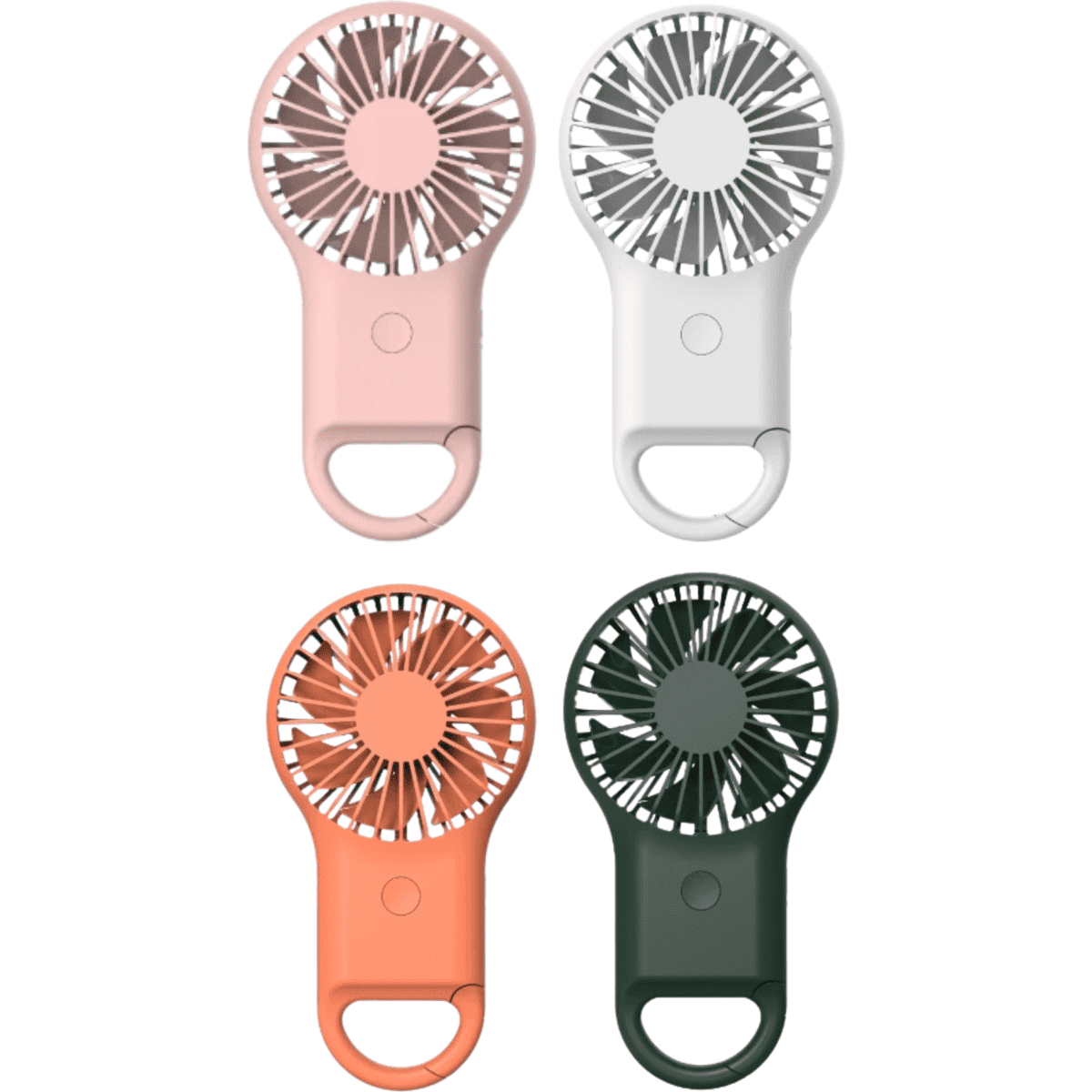 A set of four portable fans in pink, white, orange, and dark green, featuring a handle and a simple design.