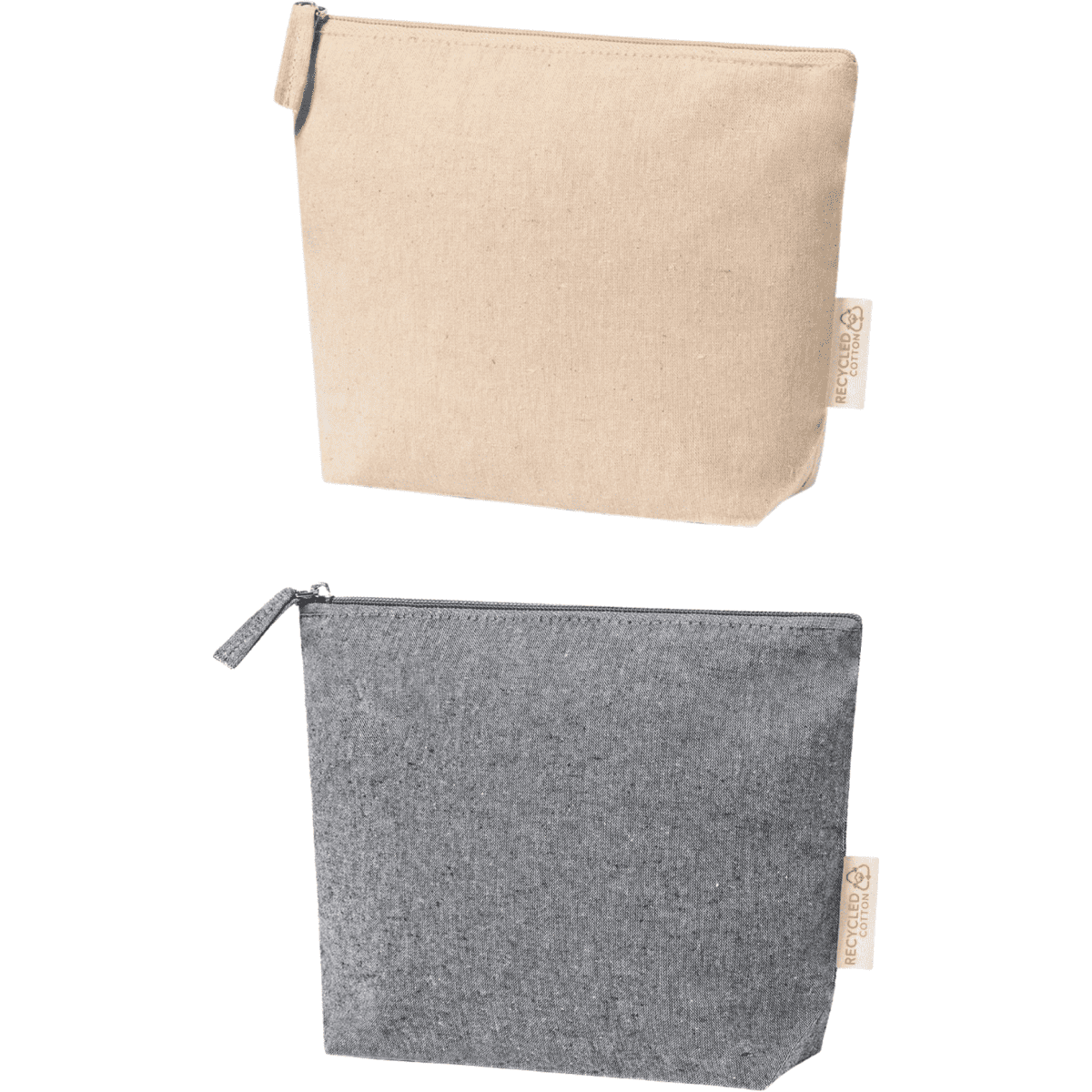 A beige and a grey recycled cotton cosmetic bag are displayed, both featuring a zip closure and a logo.