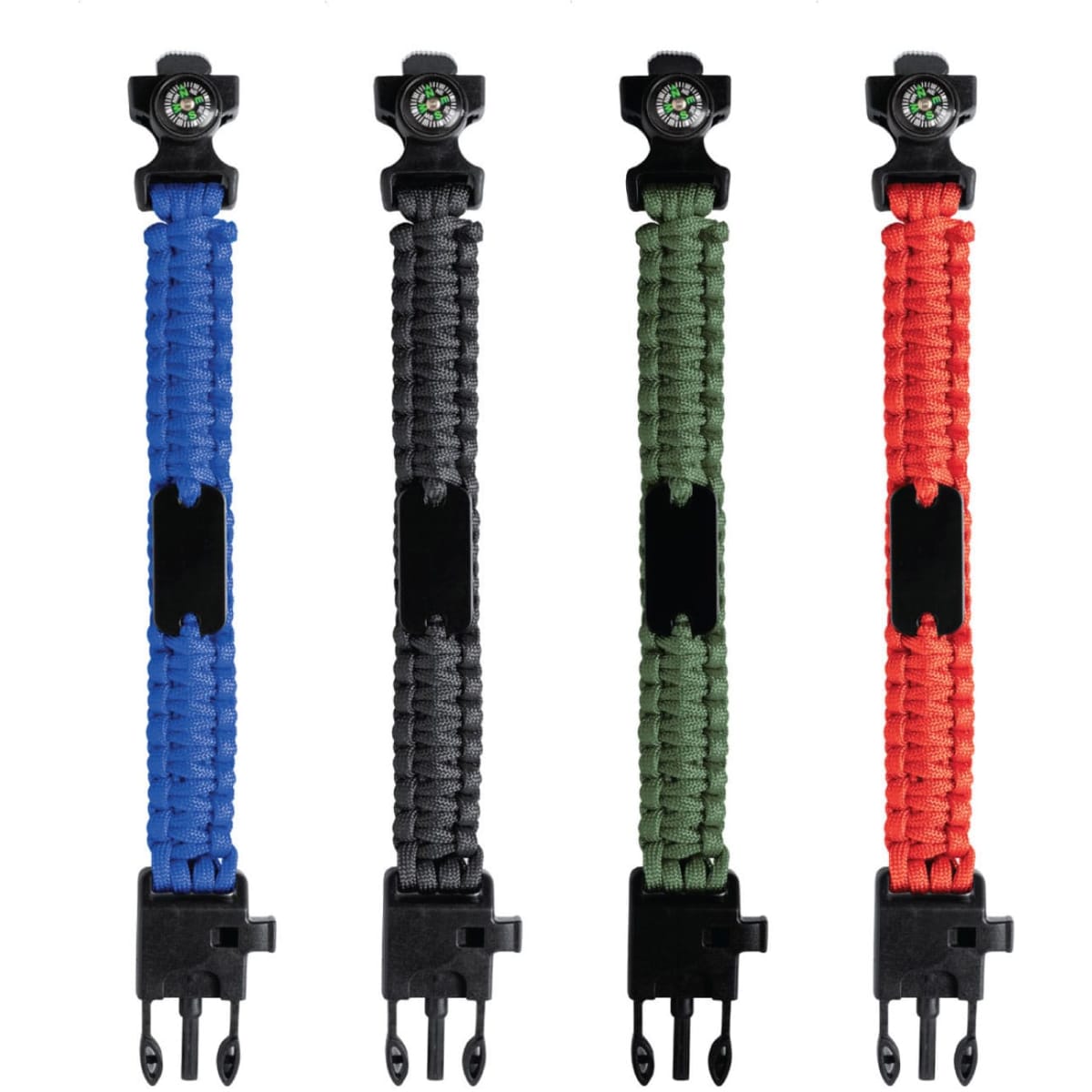A selection of Surge Survival Bracelets in blue, black, green, and red, featuring a compass and clip closure.