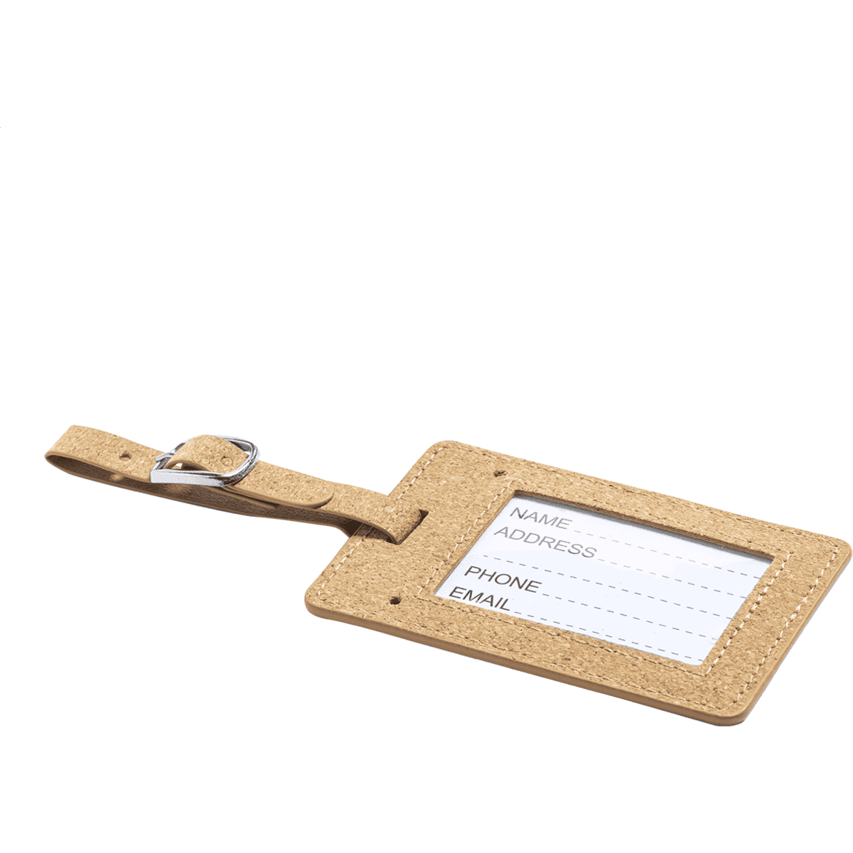 A cork luggage tag in a natural tan colour with a transparent window. It includes a strap and has a logo.