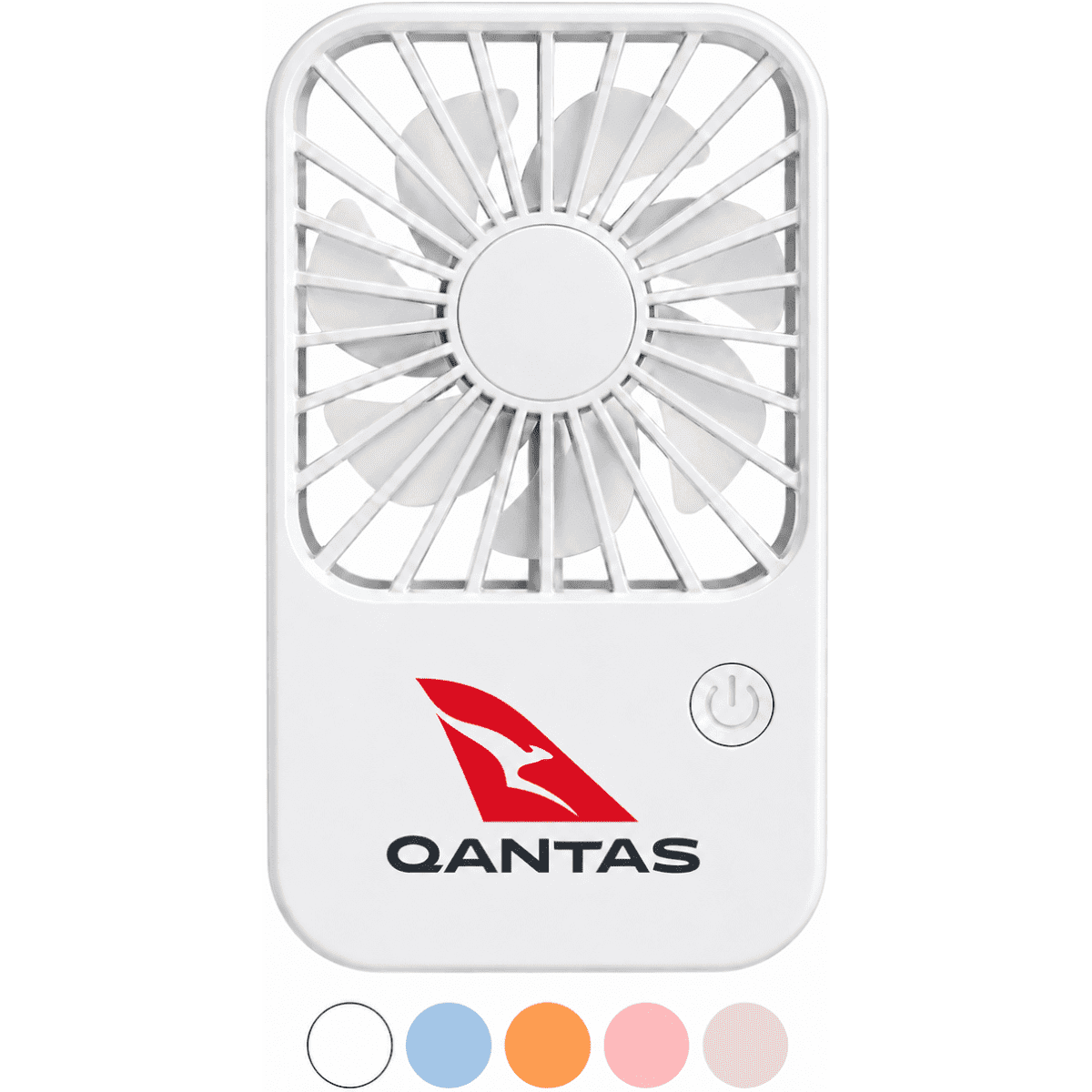A white Breeze Rechargeable Desktop Fan with a circular grille and a logo, featuring additional colour options in blue, pink, and orange.