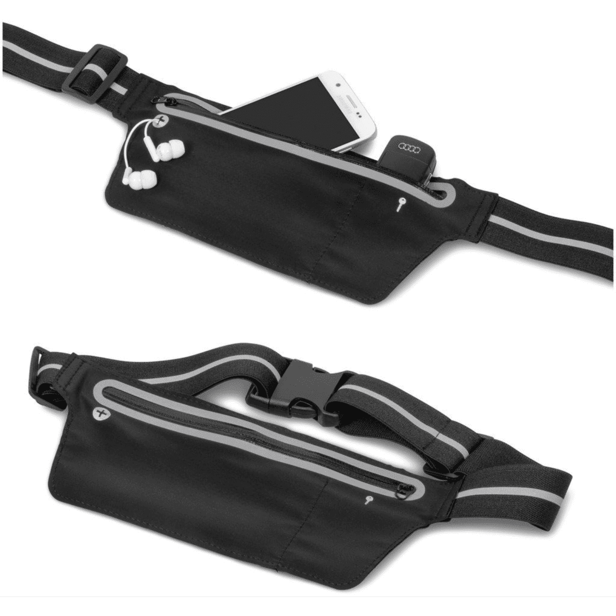 A black running pouch featuring a zippered pocket, adjustable straps, and space for a phone with earphones.