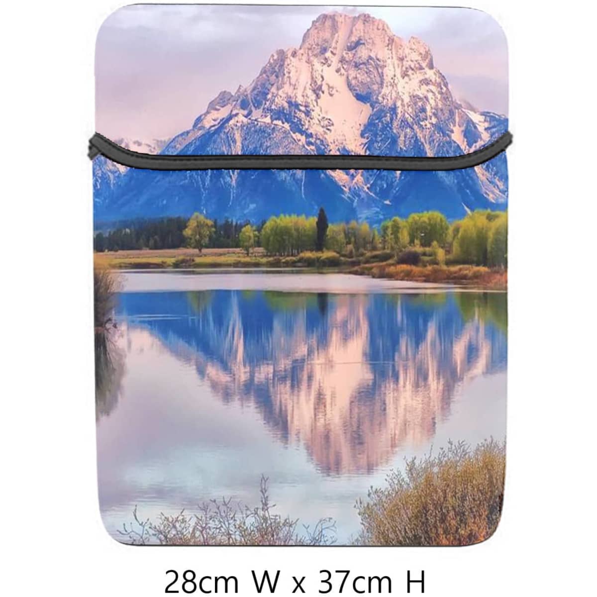 A 15-inch laptop sleeve featuring a scenic mountain and lake design with a black zipper and colourful landscape.
