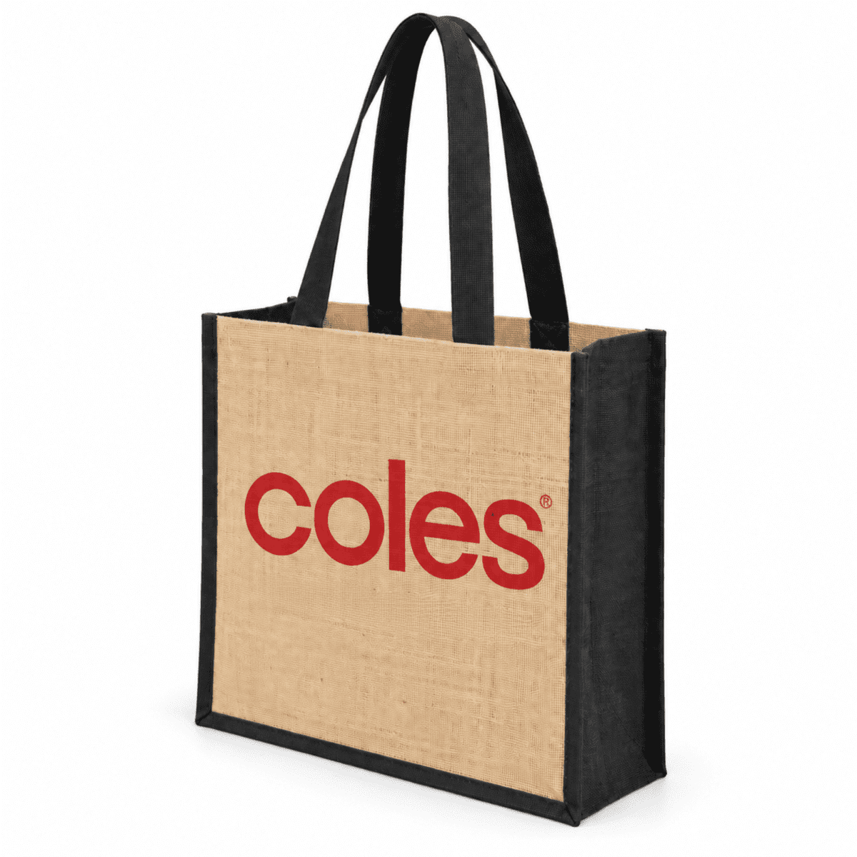 A large jute tote bag with a beige body and black handles, featuring a logo on one side.