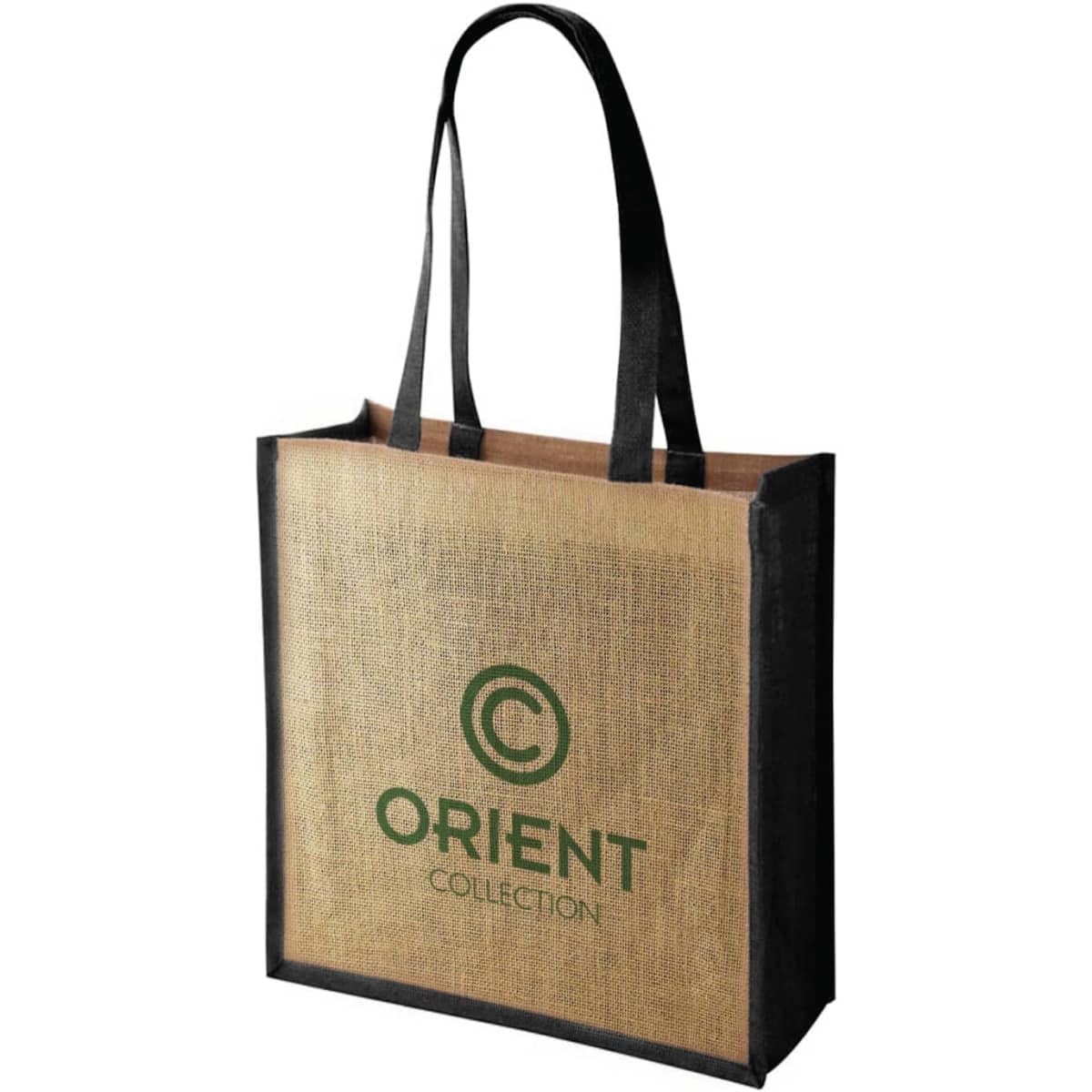 A large jute tote bag in natural and black, featuring long handles and a logo on the front.