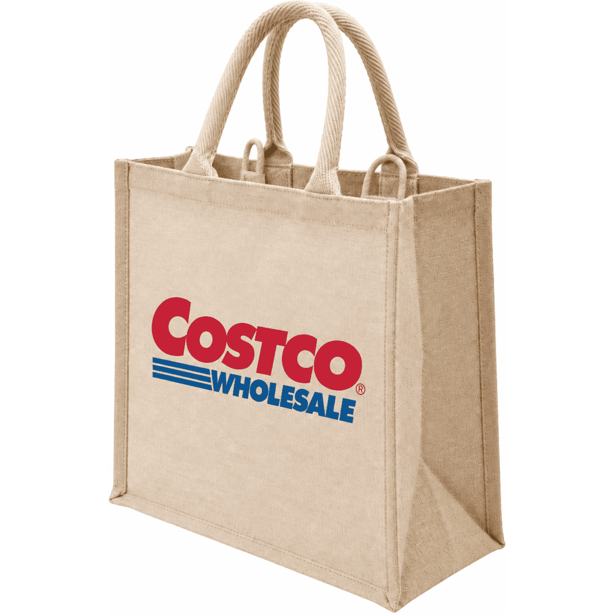 A large, beige jute shopping bag with strong handles and a logo printed on the side.