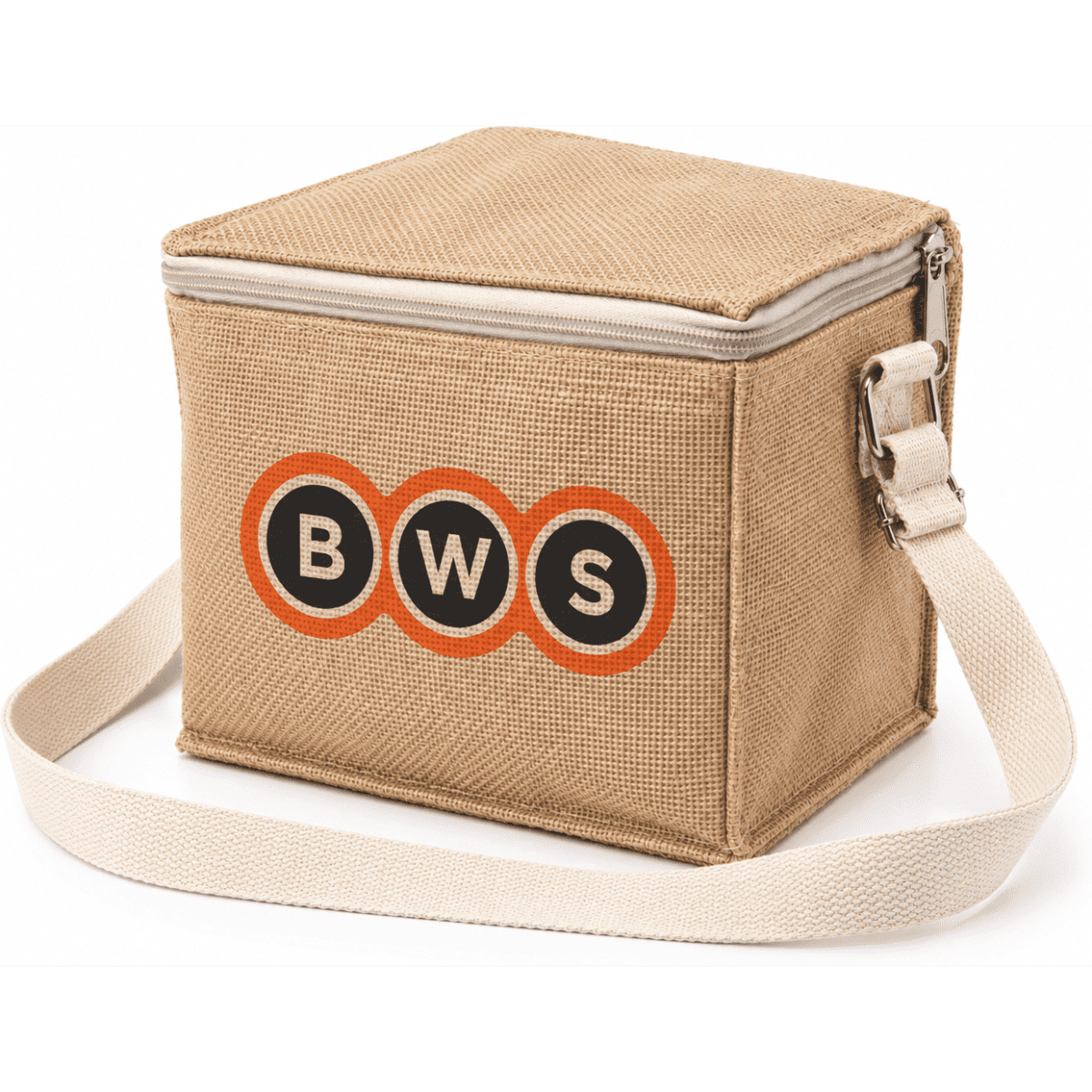 A jute cooler bag in tan with a shoulder strap and a logo on the front.