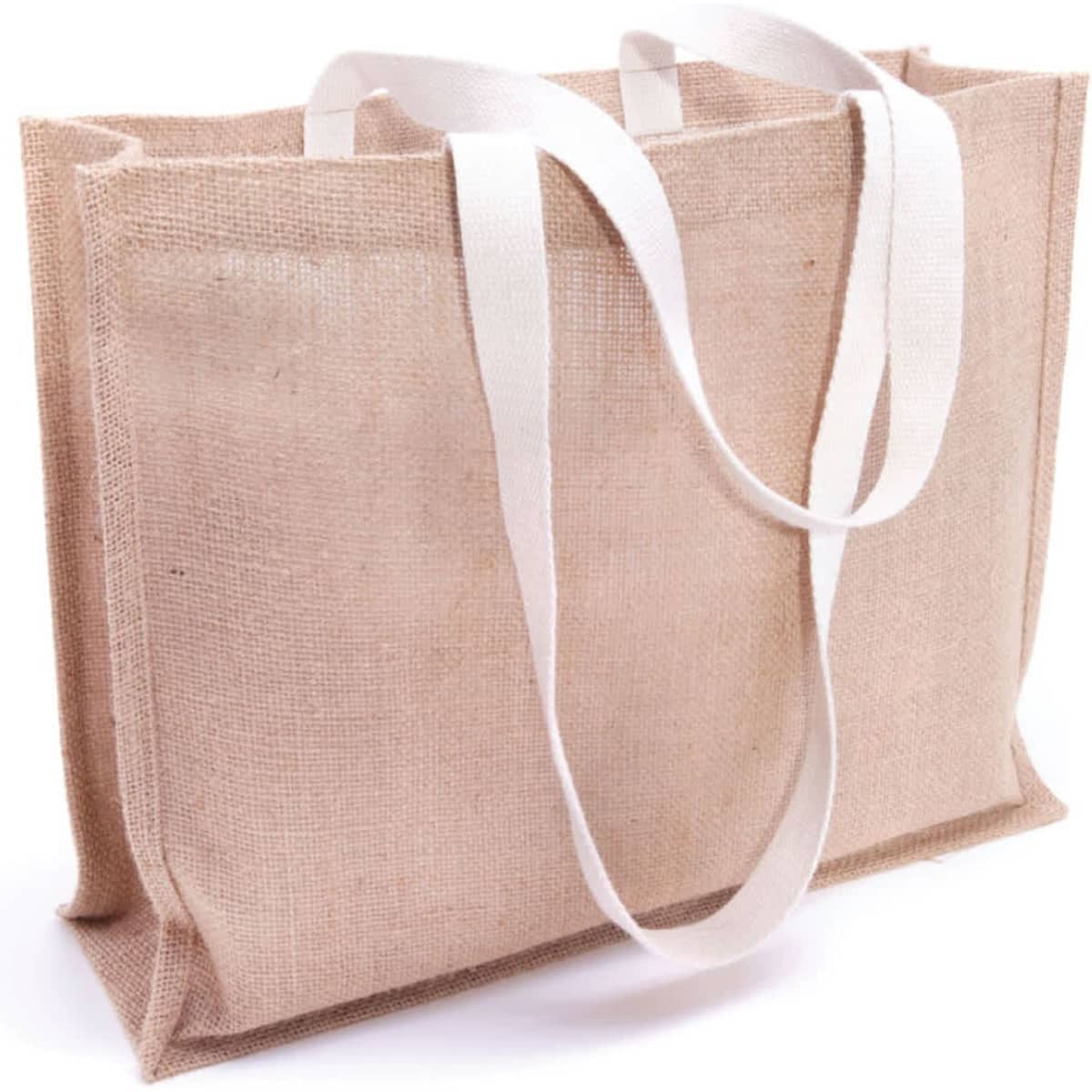 A jute tote bag in natural brown with white straps, featuring a gusset for extra space and a logo.