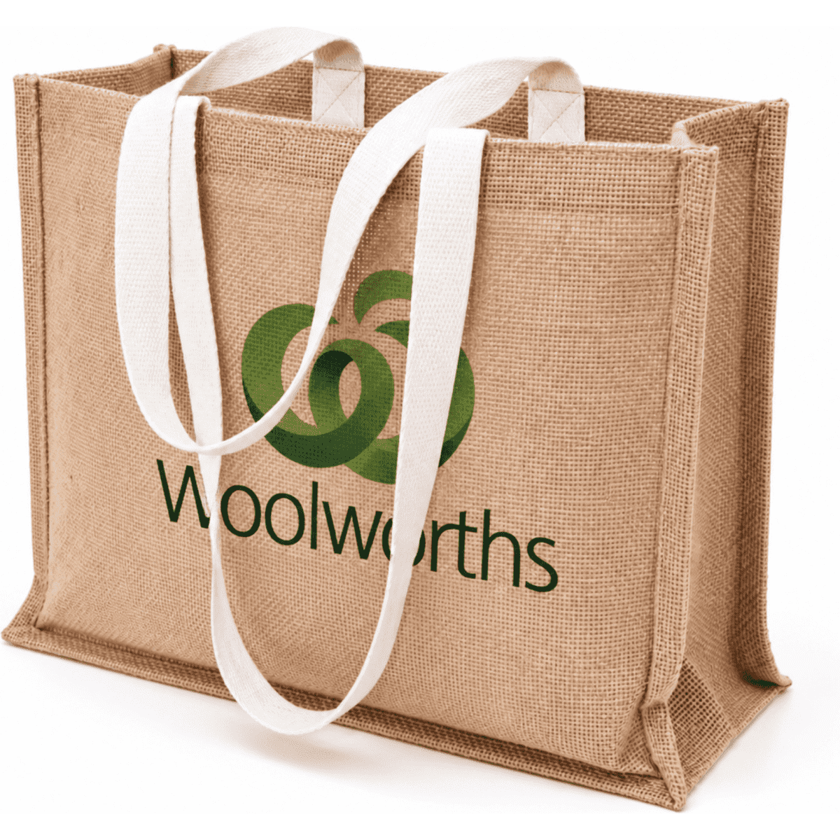 A jute tote bag with a gusset, featuring natural brown colour and white handles, and displaying a logo.