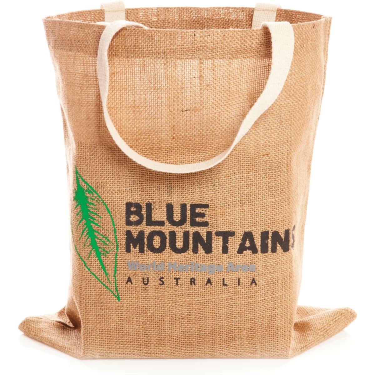 A jute shopping bag in a natural tan colour with a logo and fabric handles.