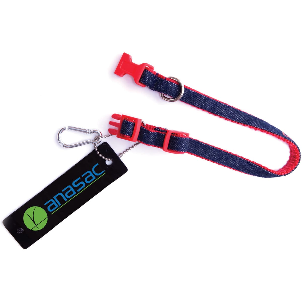 A red and blue dog collar and lead featuring a clip and a tag with branding.